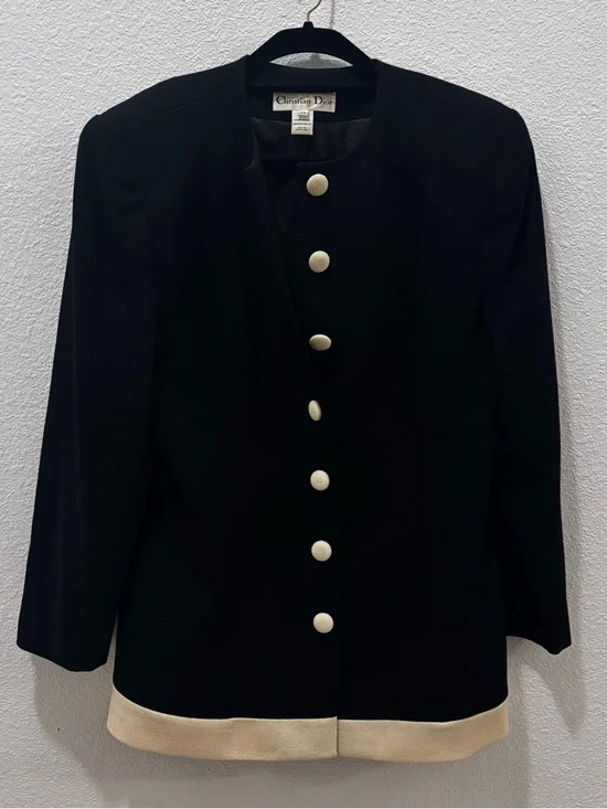 Vintage Christian Dior Black Wool Blazer Button Front Shoulder Pads Size 14