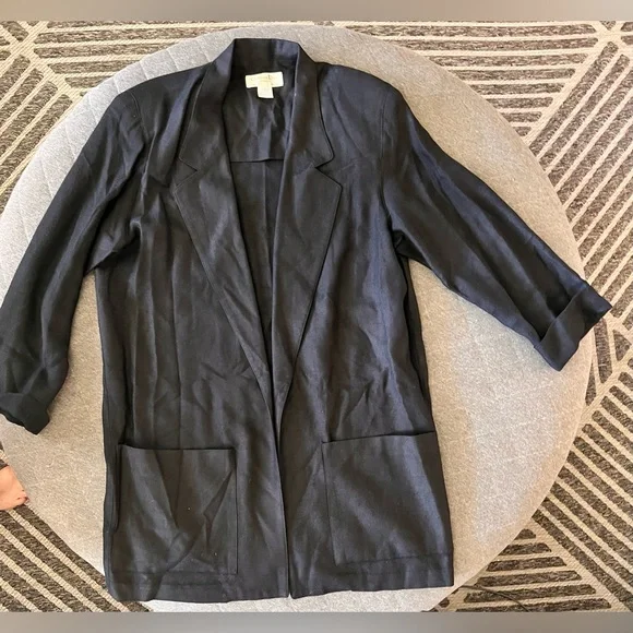 CHRISTIAN DIOR Separates Size 14 Long Black Wool Open Front Blazer