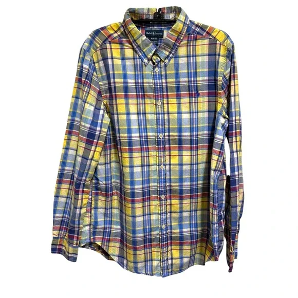 Ralph Lauren Plaid Button Down Shirt Long Sleeve Yellow Blue Red‎ XL 18-20 Boys