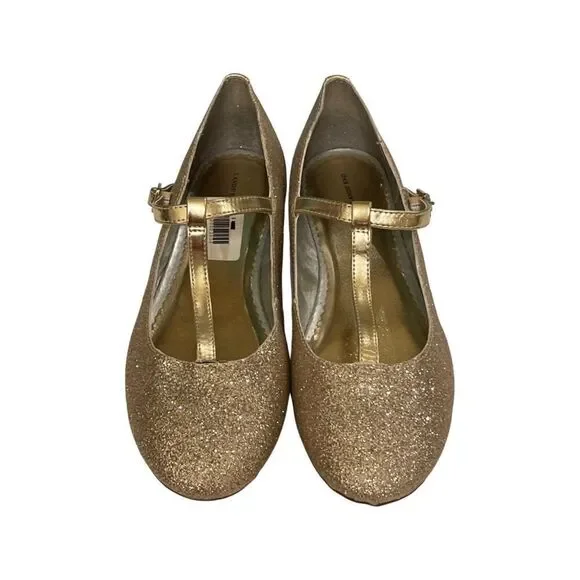LANDS' END Girls'  Sparkly Gold Mary Jane T Strap Dress Shoes Size 6