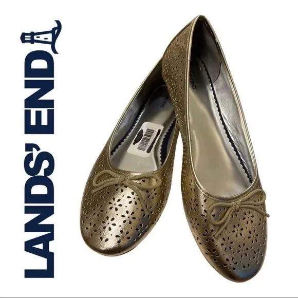 Land’s End Gold Metallic Perforated Ballet Flat - Girls Size 6
