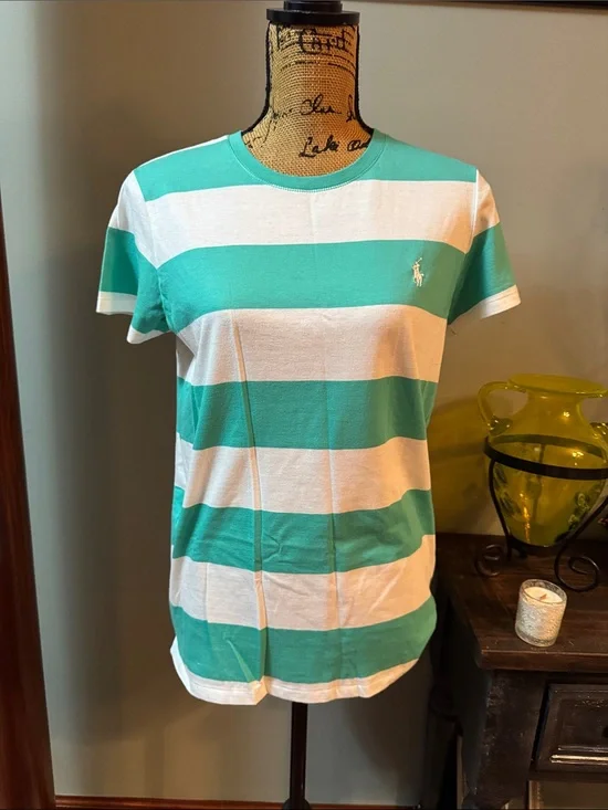 Ralph Lauren Aqua and White Striped Polo Tee. Size XL. NWT