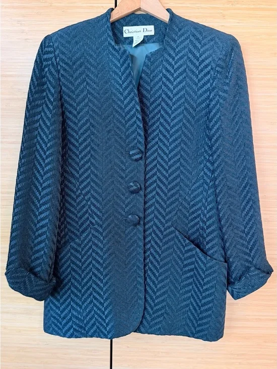 Vintage Christian Dior Dark GREEN Textured Collarless Blazer