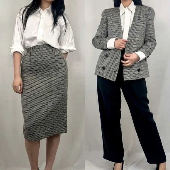 Vintage 80s 90s Christian Dior 100% Wool Monochrome Plaid Skirt Suit Set