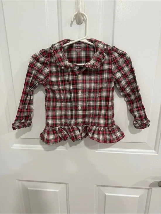 Ralph Lauren Red Plaid Ruffle Button-Front Top