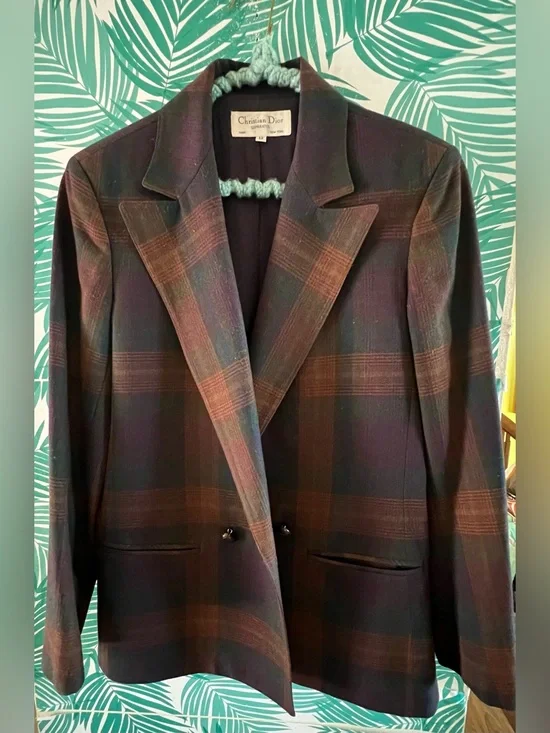 Vintage Christian Dior 100% wool plaid blazer Coat Brown & navy double breast 12