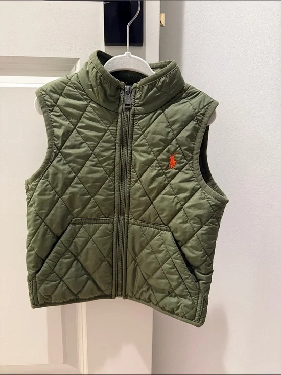 Ralph Lauren Kids Quilted Olive Vest with Orange Polo Logo