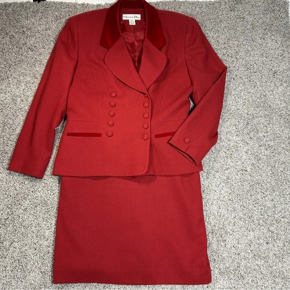 Vintage Christian Dior Double Breasted Red Wool Suit Jacket and Skirt Size 14