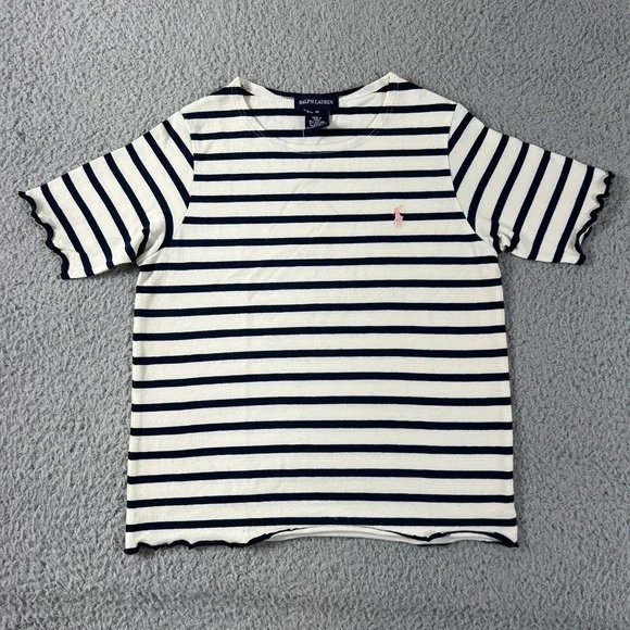Ralph Lauren Striped T-Shirt Girls Size 6X Navy White Pink Pony Lettuce Trim NWT