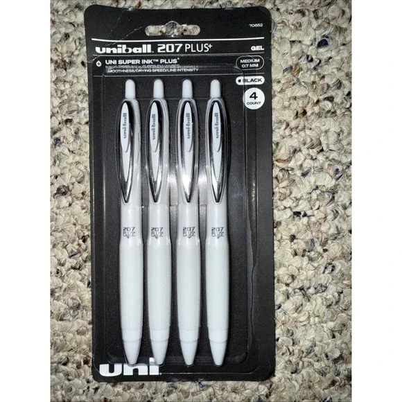 Uniball 207 Plus+ Retractable Gel Pens 0.7mm Medium - Black Ink -‎ White Barrels
