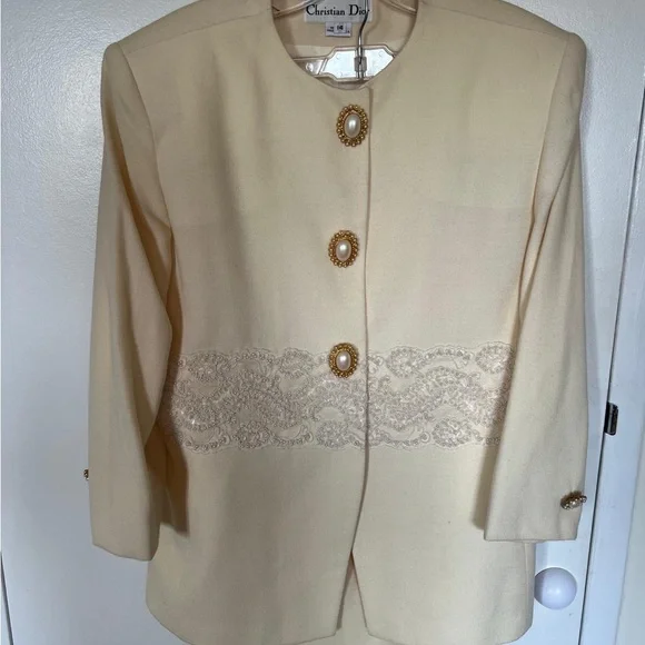 Dior Women's Cream Blazer with Skirt Gold Accents