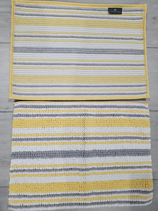 Trina Turk Yellow, Gray & White Shaggy Striped Bath Mat Set Of 2 New
