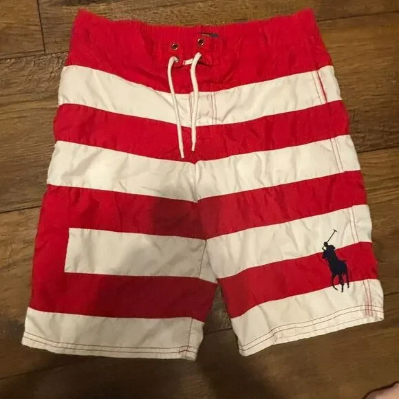 Polo Ralph Lauren Swim Trunks Boys Large (14-16) Big Pony Red Check Pockets