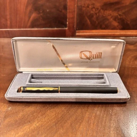 Vintage Quill Black Rollerball Pen Gold Tone Trim w/ Case USA Needs Refill