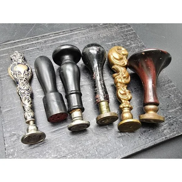 Set Of 6 Antique Wax Seal Stamp Seals Various Handles & Monograms HS286