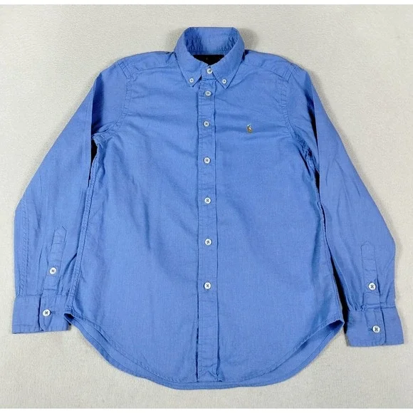 Ralph Lauren Shirt Youth Medium 10-12 Blue Linen Cotton Button Down Pony‎ Logo