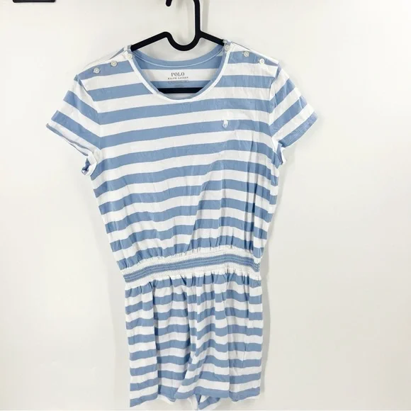 ✅ RALPH LAUREN GIRLS BLUE/WHITE‎ Striped Cotton Jersey Romper SIZE X-LARGE