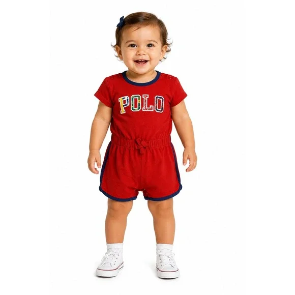 Polo Ralph Lauren Street Style Romper Girl 18M Red Graphic Logo Snaps