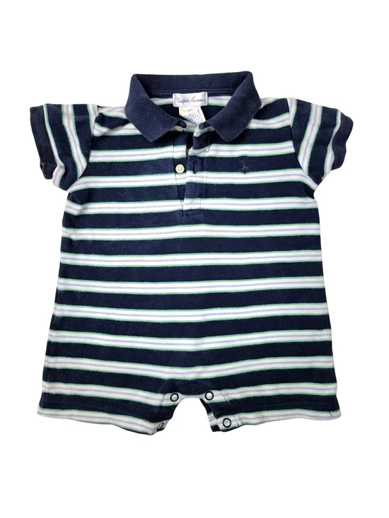 Ralph Lauren Baby Boy Striped Polo Romper 6M Navy Green White