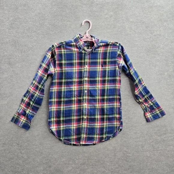 Ralph Lauren Boys Button Up Shirt M(1012) Blue Madras Polo Logo Embroidery Plaid