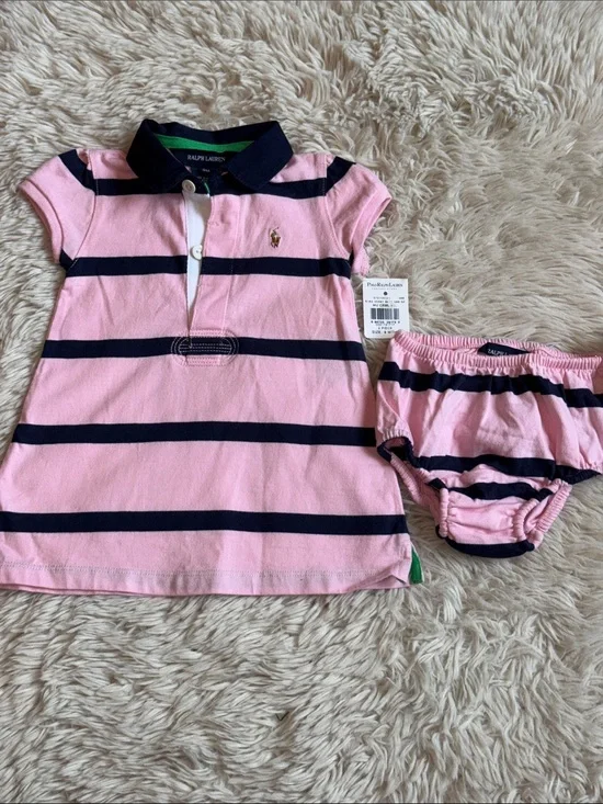 🐎 NWT Ralph Lauren Pink and Navy Striped Polo Dress w Matching Bloomers 9 months