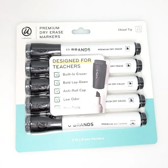 Set of 5 U Brands Chisel Tip Dry Erase Markers Whiteboard Low Odor Black Eraser