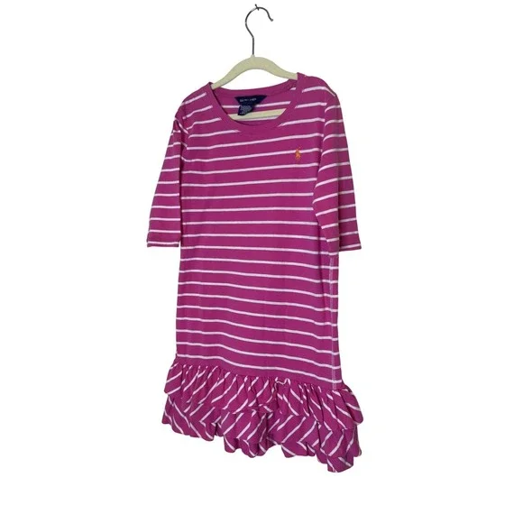 Ralph Lauren Dress Girls 8-10 Pink Stripe Half Sleeve Ruffle Hem T-Shirt Jersey