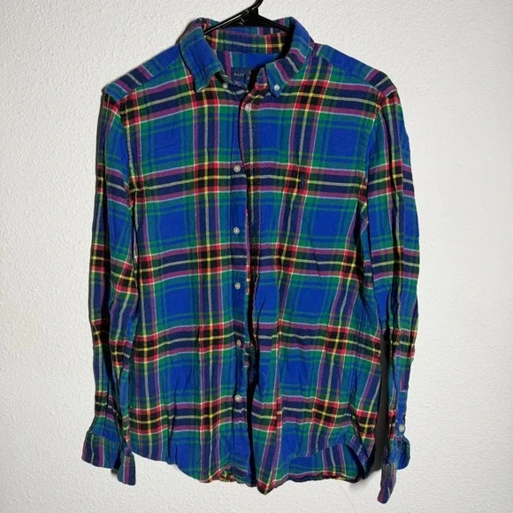 Ralph Lauren Flannel Shirt Boys 18-20 Blue Multi Plaid Pony Logo Button‎ Down