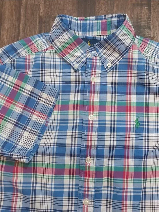 Ralph Lauren Button Up Shirt Boy 10-12 M Short Sleeve Blue Green Pink Plaid Pony