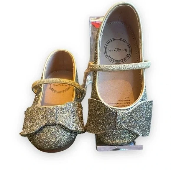 SweetHoney Girls Gold‎ Glitter Bow Mary Jane Dress Shoes Size 5 NEW