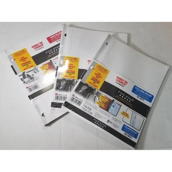 Five Star Reinforced Filler Paper 2-College 1-Wide Ruled 100 Sheets Ea Pack NEW‎