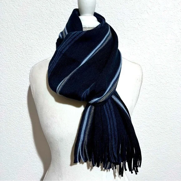 Bruno Piattelli Blue Striped Wool Blend Scarf Fringe