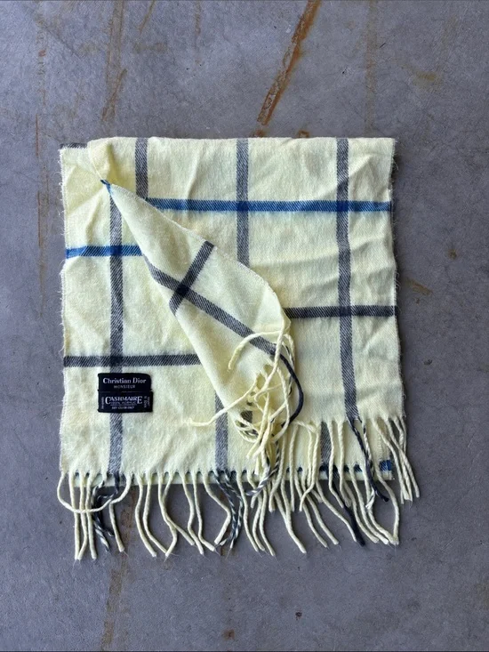 Vintage Christian Dior Monsieur Butter Yellow Scarf Made in Japan Plaid Fringe
