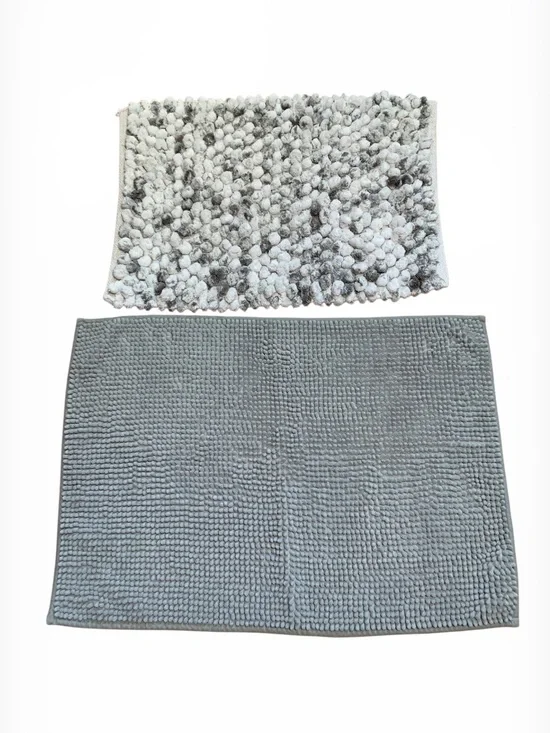 Gray Bath Rug Set - Textured Chenille & Pom