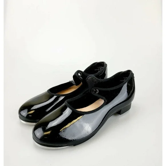 Dance Performance Tap Shoes Girls 2 Black Leather Glossy Mary Jane CAPEZIO