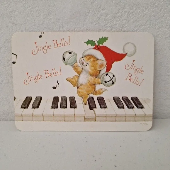 UNUSED Vintage MCM Postcard CHRISTMAS CAT 'Jingle Bells' Piano EXCELLENT