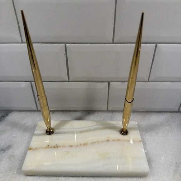 Vintage Gold Electroplated Marble/brass Desk Double Pen Rotation Holder ES004