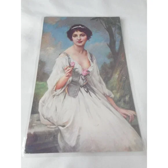 Vintage Postcard 1913 posted w/ stamp Bern Switzerland Young girl with rose
