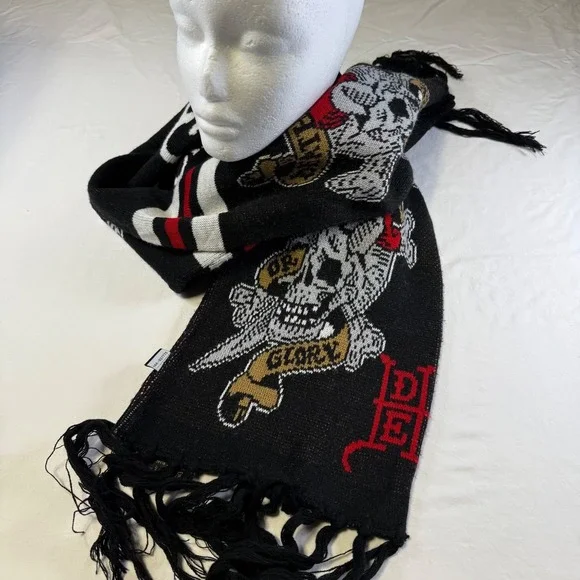 Y2k Ed Hardy by Christian Audigier Knit Scarf Death Or Glory Skull Dagger Fringe