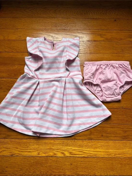 Ralph Lauren Pink and White Striped Ruffle Sleeve Dress with Bloomers