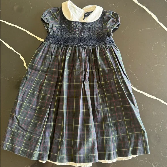 Vintage Blue Label Ralph Lauren Kids Dress with‎ White Collar and Plaid Pattern