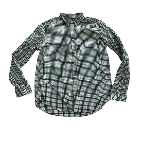 Ralph Lauren Boy's XL Green Blue White Plaid Long Sleeve Button Down Dress Shirt