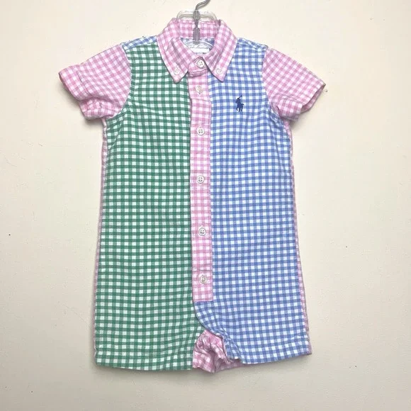 Ralph Lauren Polo Baby Gingham Cotton Oxford Fun Romper EUC Blue Green Pink 6M