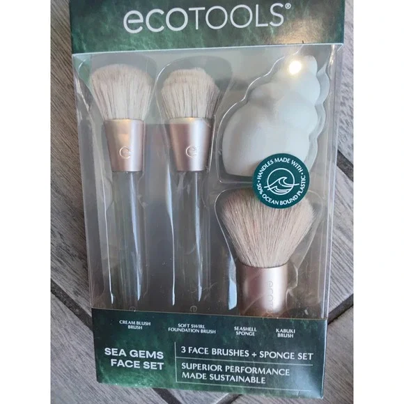 EcoTools Sea Gems Face Set 3 Brushes and Seashell Sponge New NIB