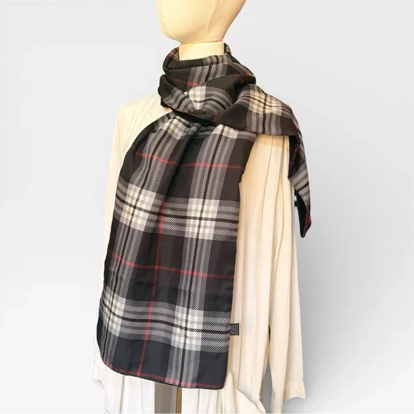 Lord & Taylor Black and Gray Reversible Velvet Plaid Scarf Tartan Plaid Preppy
