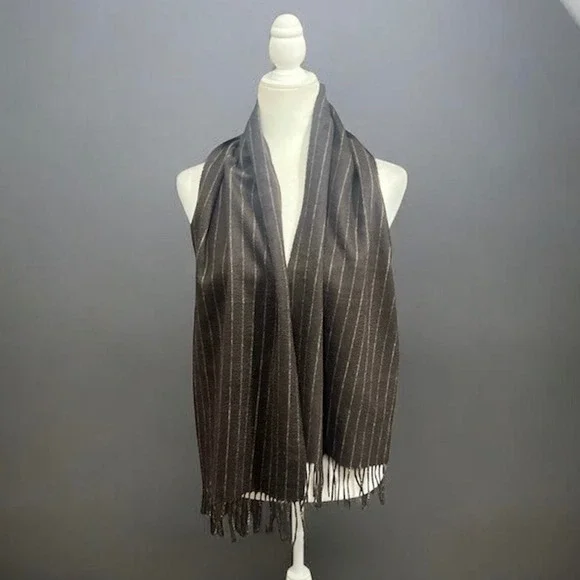Luxury 100% Cashmere Black Brown 1826 Pinstripe Scarf Fringe Soft