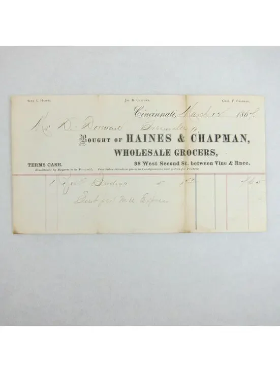 Antique 1867 Haines & Chapman Wholesale Grocer Cincinnati Ohio Receipt Invoice