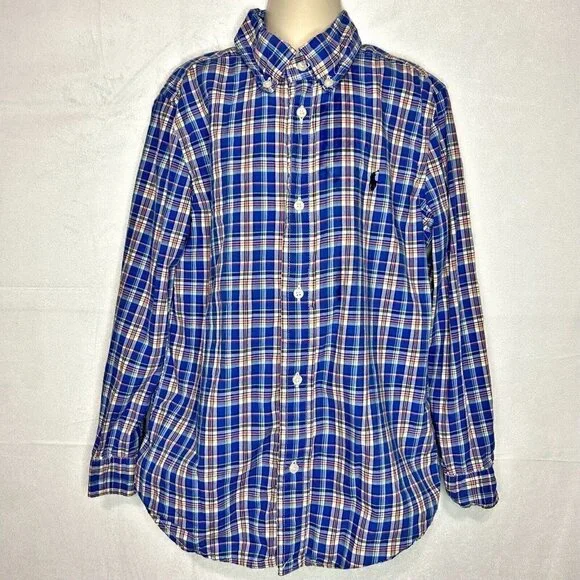 Ralph Lauren Boys Tops Button Down Shirt 7 Blue Plaid Cotton Pony Logo