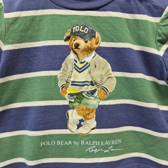 Ralph Lauren Polo Bear T-Shirt Baby 3M Blue Green Striped Short Sleeve Snaps