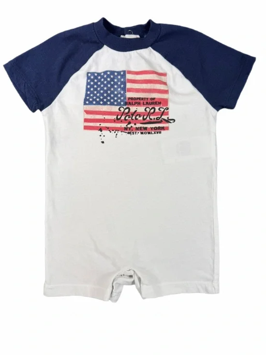 RALPH LAUREN White Patriotic Flag Cotton Short Sleeve Romper - 6M